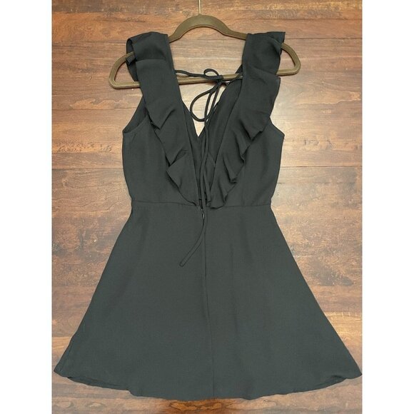 Lulus Black Sleeveless Ruffled Skater Sz Small Little Black Dress Wrap Tie Back - Picture 10 of 12
